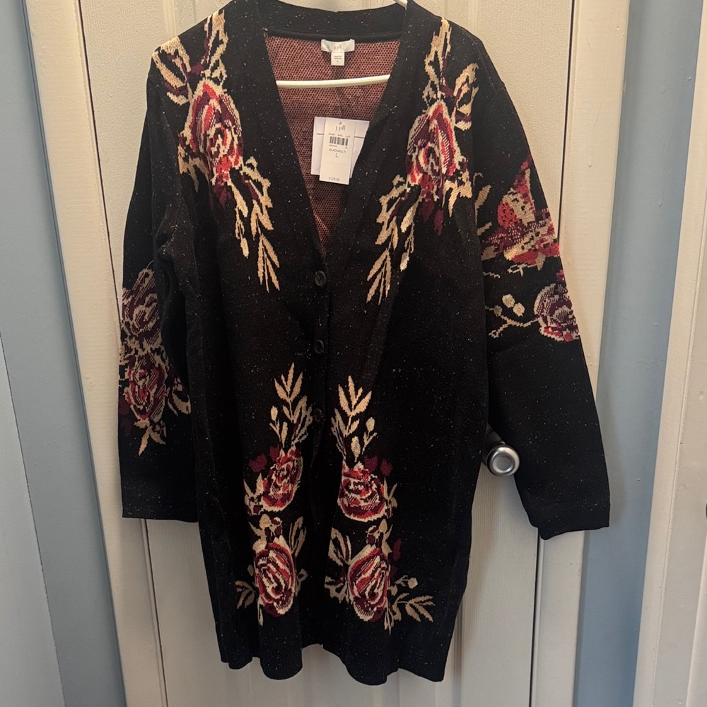J. Jill Black Floral Cardigan Sweater